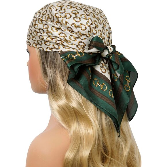 Women Green Double Headscarf Satin Bandana Pattern Polyester Breathable Scarves - Picture 3 of 7